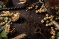 Table top view on a bunch of white currant on dark wooden table