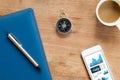 Table Top view of businessman  with compass, smart phone , pen ,notepad ,coffee cup and data report ,business and financial Royalty Free Stock Photo