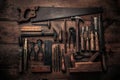 Table top view of carpenter workbench full of old rusty tools Royalty Free Stock Photo