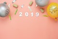 Table top view of Merry Christmas decorations & Happy new year 2019 ornaments concept. Royalty Free Stock Photo