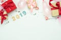 Table top view of Merry Christmas decorations & Happy new year 2019 ornaments concept. Royalty Free Stock Photo