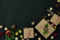 Table top view of Merry Christmas decorations & Happy new year ornaments concept.Flat lay essential difference objects gift box &