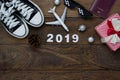 Table top view of Merry Christmas decorations & Happy new year 2019 ornaments concept. Royalty Free Stock Photo
