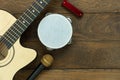Table top view of music instrument tools concept background.Flat lay of sign to sing for musician or party equipment.Drum and Royalty Free Stock Photo