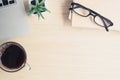 Table top view of office desk with coffee Royalty Free Stock Photo