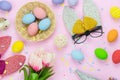 Table top view shot of decorations Happy Easter holiday background concept. Royalty Free Stock Photo