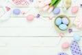 Table top view shot of decorations Happy Easter holiday background concept. Royalty Free Stock Photo