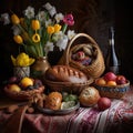 A table topped with a basket of bread next to a vase of flowers. AI generative image