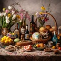 A table topped with a basket filled with lots of food. AI generative image