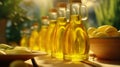 Photo of a table filled with bottles of olive oil