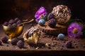 Table topped with bowl of chocolate covered fruit. Generative AI Royalty Free Stock Photo