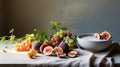 a table topped with a bowl of fruit next to a bowl of fruit. generative ai