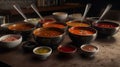 A table topped with bowls filled with different types of soups and sauces next to spoons and spoons filled with Royalty Free Stock Photo