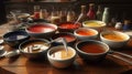 A table topped with bowls filled with different types of soups and sauces next to spoons and spoons filled with Royalty Free Stock Photo