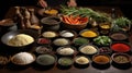 A table topped with bowls filled with different types of spices. AI.