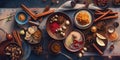 A table topped with bowls filled with different types of spices. Generative AI image. Royalty Free Stock Photo