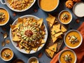 A Table Topped With Bowls Of Soup And Bowls Of Nachos. Generative AI