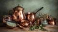 a table topped with copper pots and bowls filled with green leaves and spices and a wooden spoon next to a copper pot with a lid