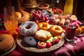 A table topped with donuts, fruit and drinks. AI generative image Royalty Free Stock Photo