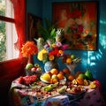 A table topped with fruit and flowers next to a window. AI generative image