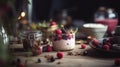 a table topped with a jar of food and a plate of berries on top of a wooden table next to a cup of coffee and saucer