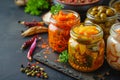 Table Topped With Jars Filled With Different Types of Food, A beautiful composition of different Indian pickles in glass jars, AI Royalty Free Stock Photo