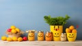 A table topped with jars filled with fruit and vegetables, AI