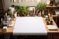 A table topped with lots of crafting supplies and big white paper sheet Royalty Free Stock Photo