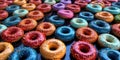 A table topped with lots of different colored donuts. Generative AI image.