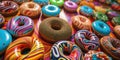 A table topped with lots of different colored donuts. Generative AI image.