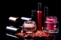 Table topped with lots of different types of cosmetics and cosmetics bottles next to each other. Generative AI Royalty Free Stock Photo