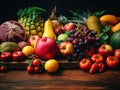 A table topped with lots of different types of fruits and vegetables. AI generative image.