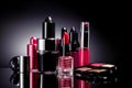 Table topped with lots of different types of lipstick and other makeup products. Generative AI Royalty Free Stock Photo