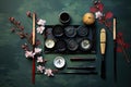 A table topped with lots of different types of makeup Royalty Free Stock Photo