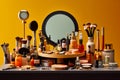 Table topped with lots of different types of makeup and round mirror. Generative AI Royalty Free Stock Photo