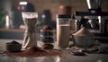 a table topped with lots of different types of spices and a blender filled with brown stuff next to a cup of coffee and a bag of