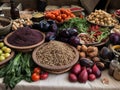 A table topped with lots of different types of vegetables. AI generative image