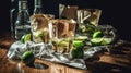 A table topped with paper bags filled with limes. Generative AI image.