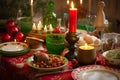 A table topped with plates and bowls filled with food. AI generative image . Belarussian Easter.