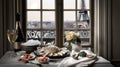 A table topped with plates of food next to a window. AI generative image . French still life.