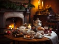 A table topped with a tea pot filled with food. AI generative image . Cristmas still life.