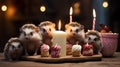 a table topped with three hedges sitting next to a candle