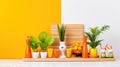 A table topped with vases filled with different types of plants, AI