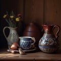 A table topped with vases filled with flowers. AI generative image Royalty Free Stock Photo