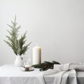 A table topped with a white vase filled with a christmas tree. AI generative image