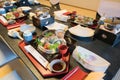A table of traditional Japanese Kaiseki cuisine, prepared dishes