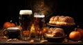 A table with two beers and breads, AI Royalty Free Stock Photo