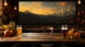 A table with two beers and pumpkins on it, AI Royalty Free Stock Photo