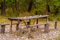 A table and two benches from a rough log house. Recreation area in the forest Royalty Free Stock Photo