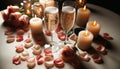 A table for two with candles, rose petals scattered, and wine glasses filled with sparkling champagne.. Generative AI Royalty Free Stock Photo